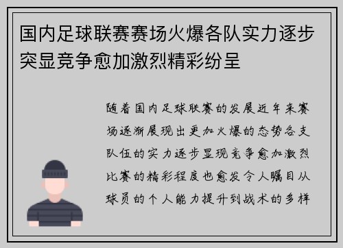 国内足球联赛赛场火爆各队实力逐步突显竞争愈加激烈精彩纷呈